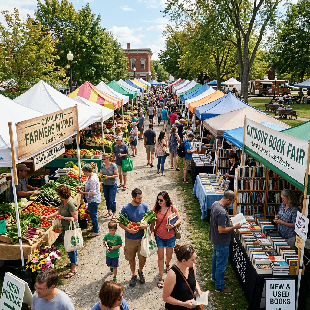 Crowded outdoor farmers market and book fair with colorful tents and people browsing fresh produce and books