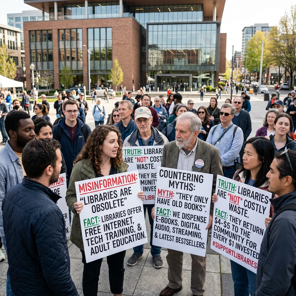 People holding signs supporting libraries with facts countering misinformation